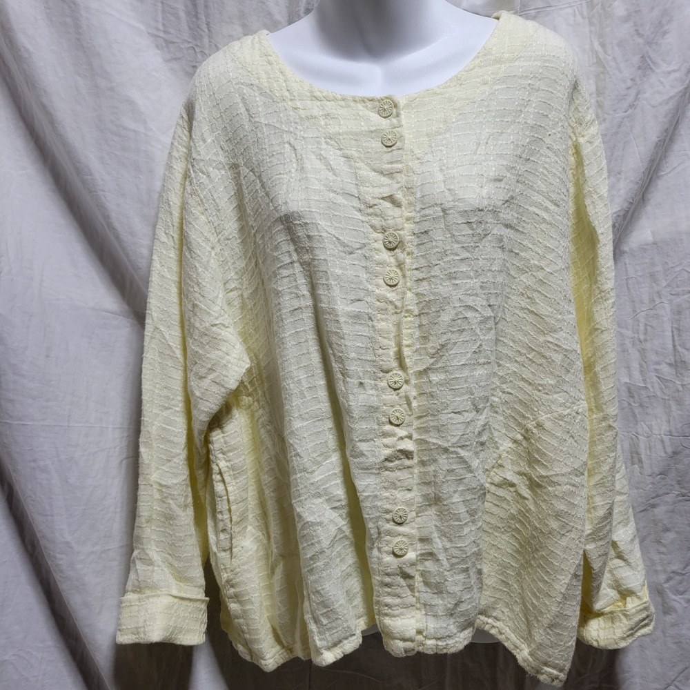 Flax Womens 100% Linen Cream Button Front L Oversized‎ Top Blouse Boho Lagenlook